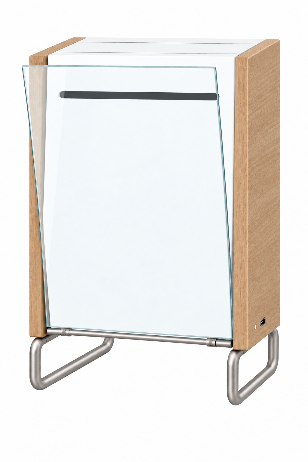 The approved chromapressa printer with pale wood sides, a full-height tilted glass panel, compact satin hinge, metal supports, and an eleven-inch output slit